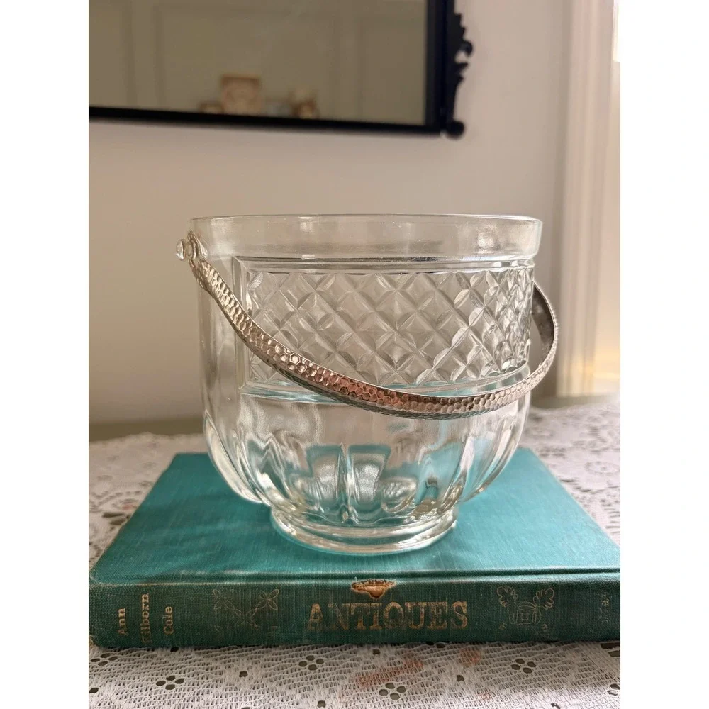 Vintage Diamond Cut Glass Ice Bucket with Hammered Metal Swivel Handle Barware